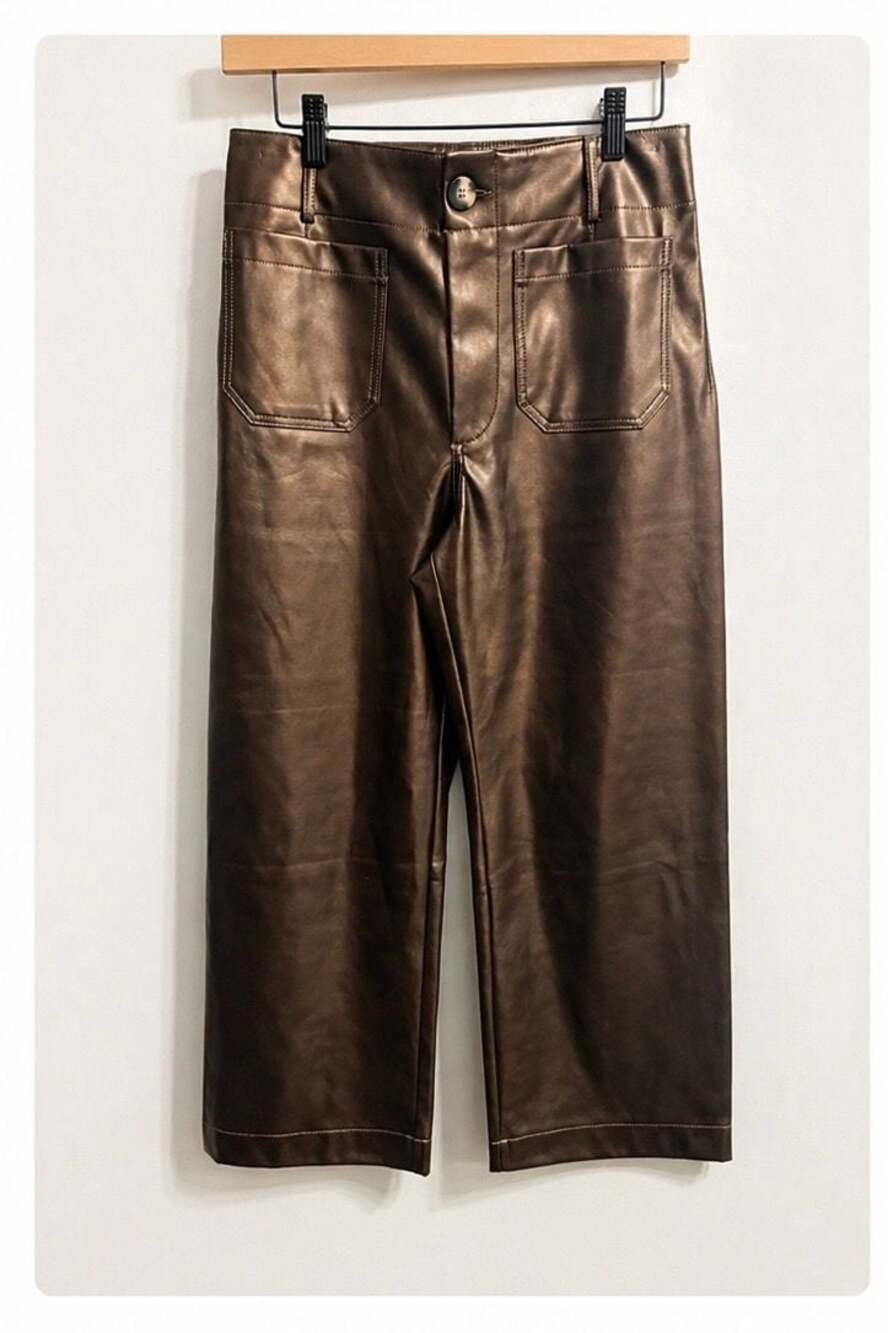 Maeve The Colette Metallic Faux Leather Wide-Leg Pants Bronze Size 28